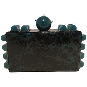Tonya Hawkes Black Teal and Green Leather Paint Splatter Convertible Clutch